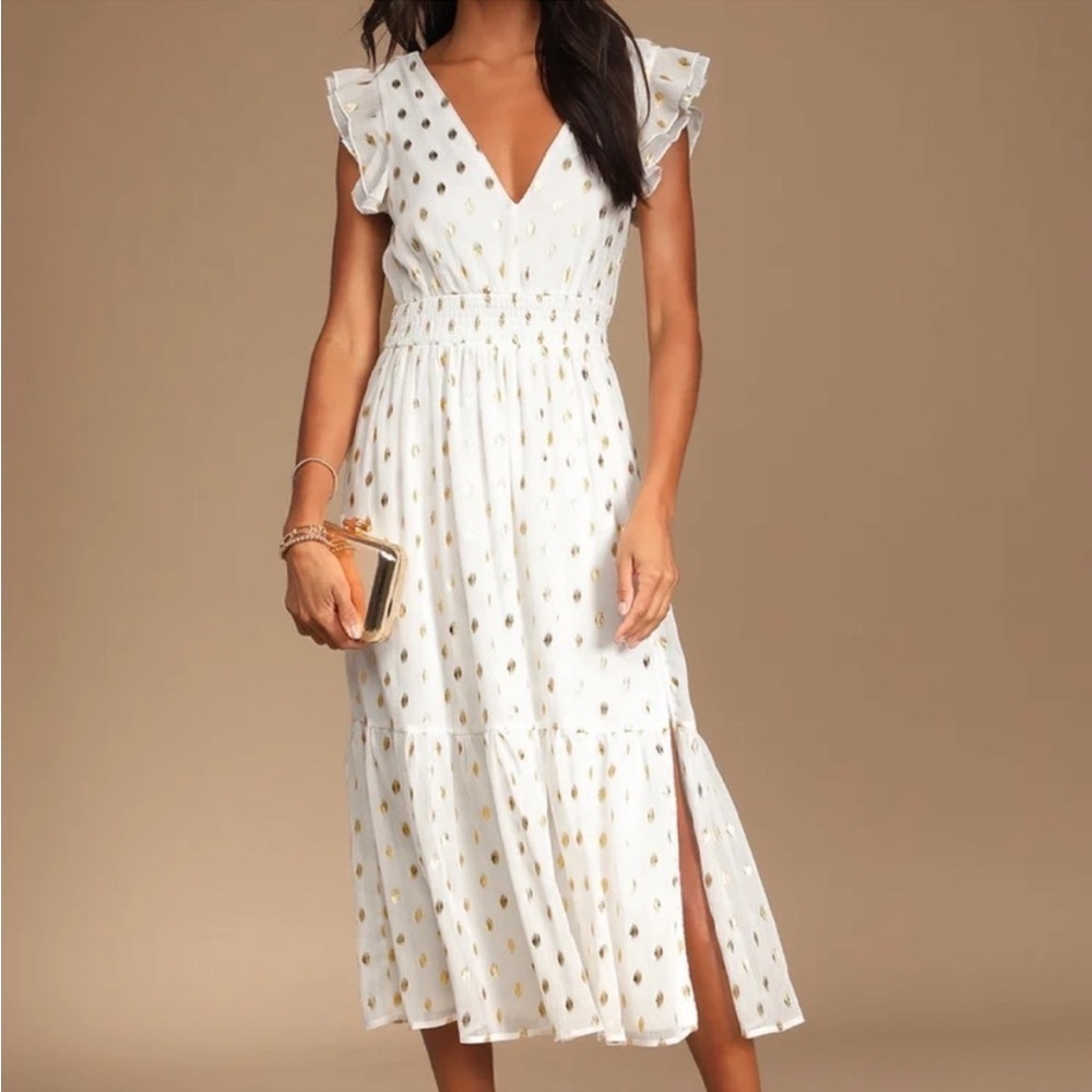 Lulu's White and Gold Polka Dot Midi Dress